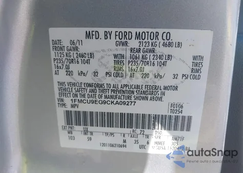 2012 Ford Escape Limited z USA, uszkodzony, nr VIN 1FMCU9EG9CKA09277